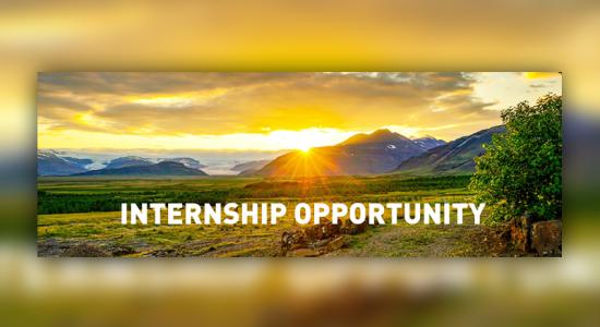 Image of sunrise over mountain with Internship Opportunity text overlaid