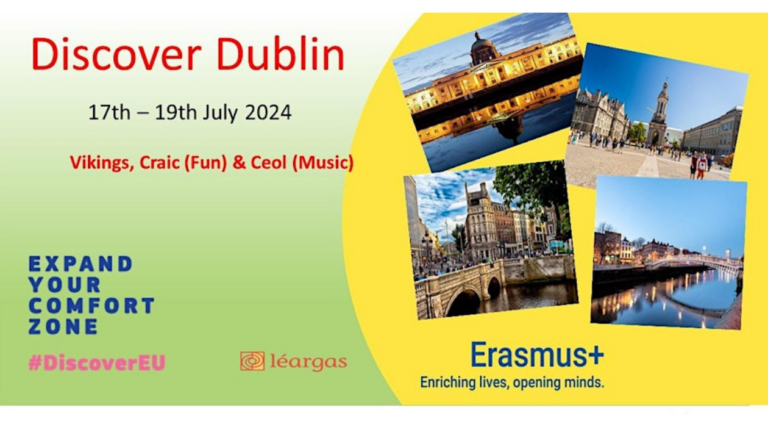Banner showing text: Discover Dublin 17th - 19th July and images of places in Europe